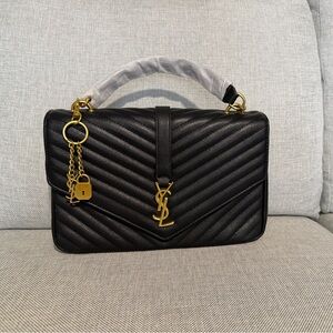 Black Quilted  Top-Handle Bag with Gold Hardware